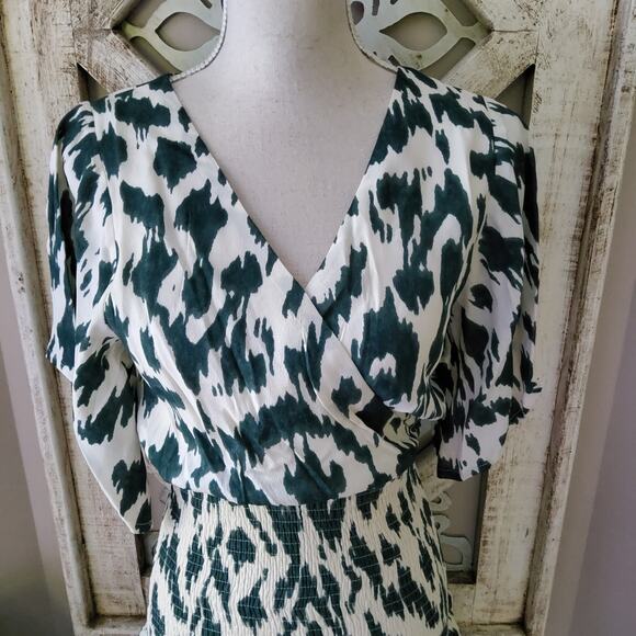 Macaron Women's Surplice Woven Smocked Waist Ruffle Mini Dress in Green Leopard - Picture 3 of 16